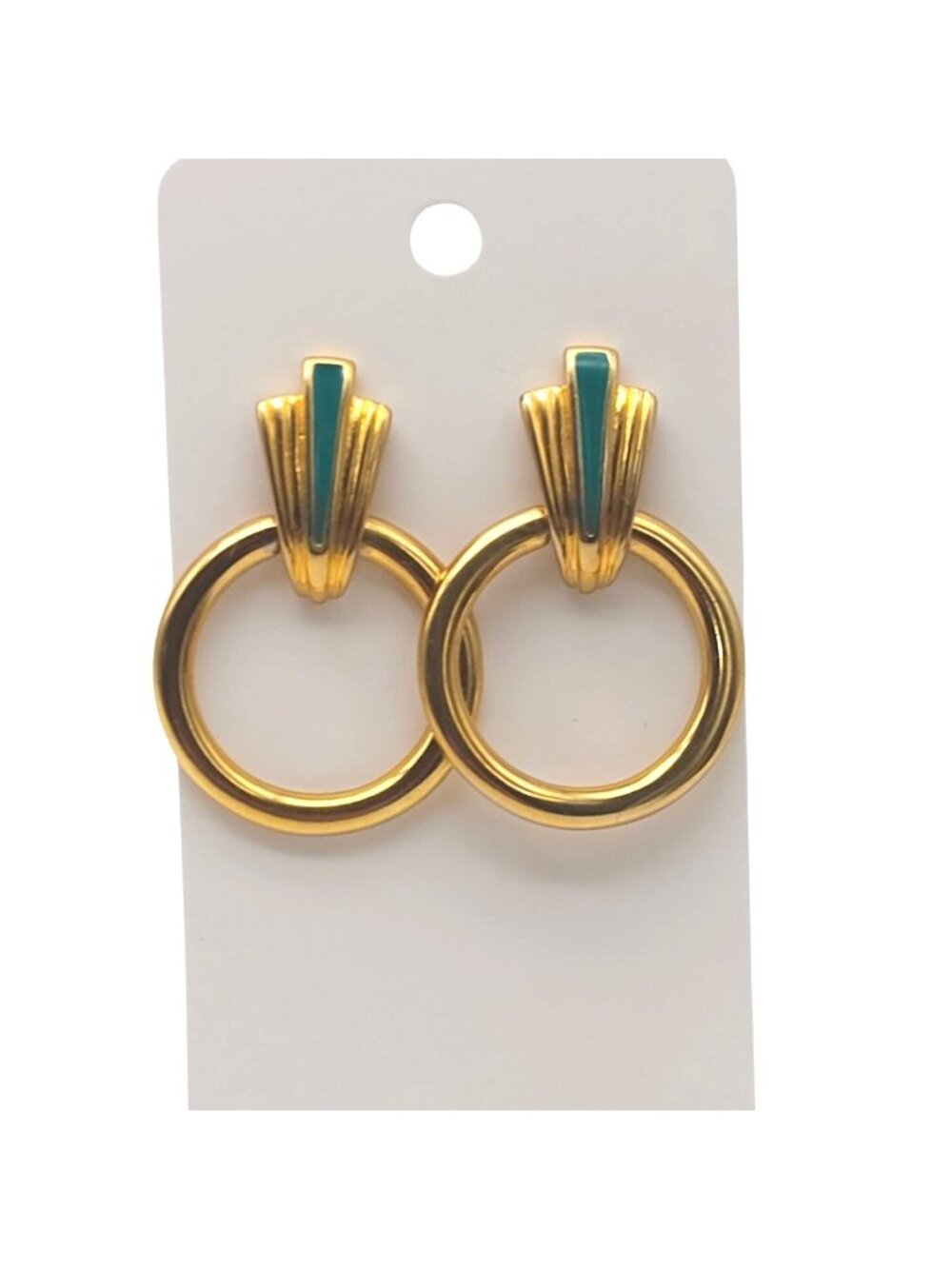 Signed JS Vintage Art Door Knocker Pierced Earrings Green Enamel Gold Tone Hoops